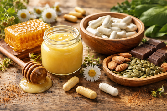 Gelée royale en pot avec gélules de magnésium et aliments riches en magnésium sur table en bois