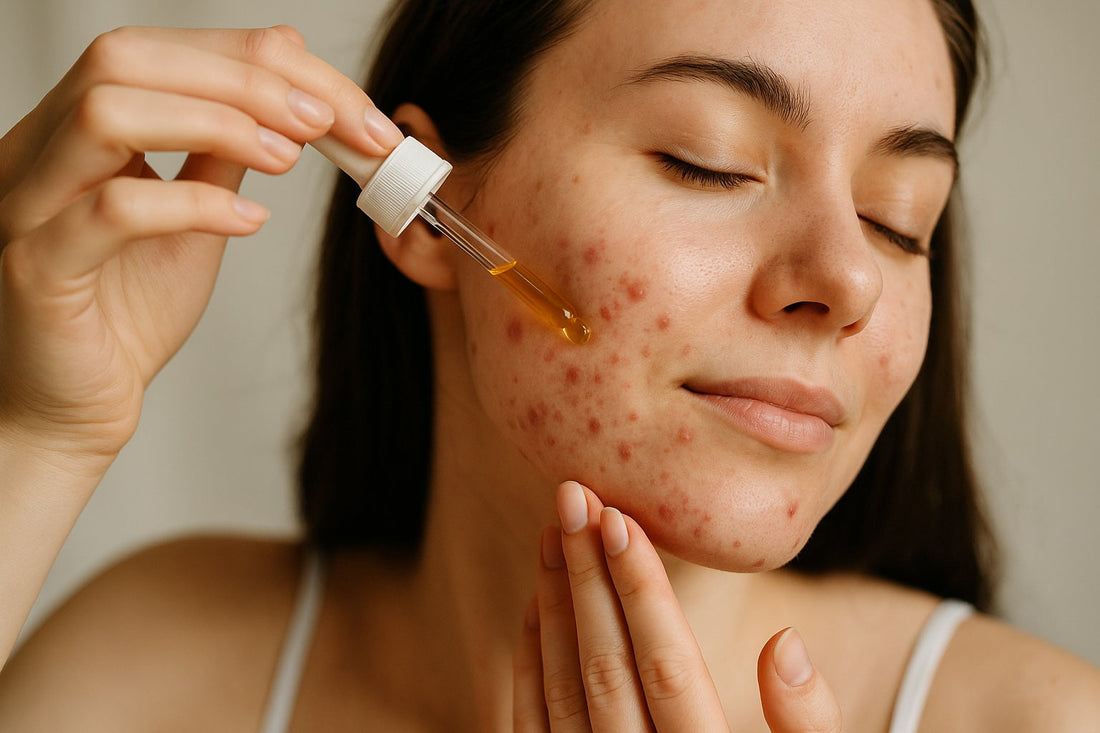 Flacon d’huile de nigelle bio entouré de fleurs et de graines – soin visage naturel contre l’acné et les imperfections, Hilaj Naturel.