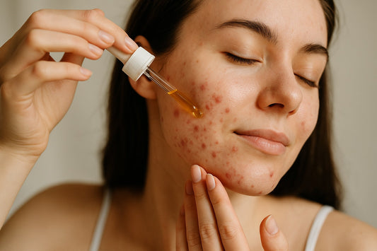 Flacon d’huile de nigelle bio entouré de fleurs et de graines – soin visage naturel contre l’acné et les imperfections, Hilaj Naturel.