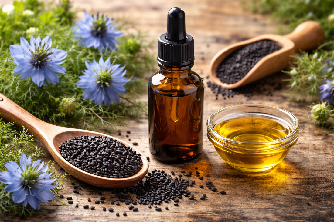 Bouteille d’huile de nigelle pressée à froid avec graines de cumin noir et fleurs de nigella sativa