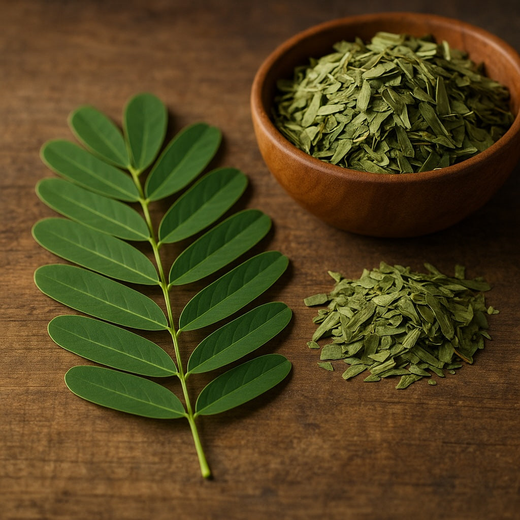 Feuilles de séné naturelles séchées dans un bol en bois, plante laxative naturelle utilisée en tisane pour la digestion et le transit intestinal – Hilaj Naturel.