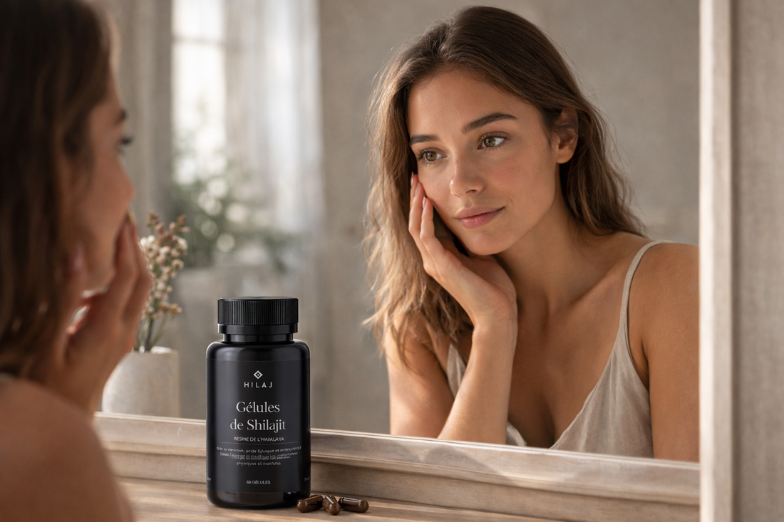 Femme devant un miroir avec gélules de shilajit Hilaj pour soutenir la vitalité et le vieillissement naturel